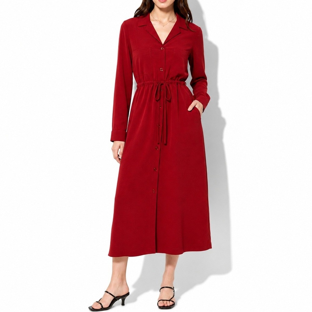 90s Vintage Red Button Front Shirt Dress Womens XS Petites Utility Midi Office